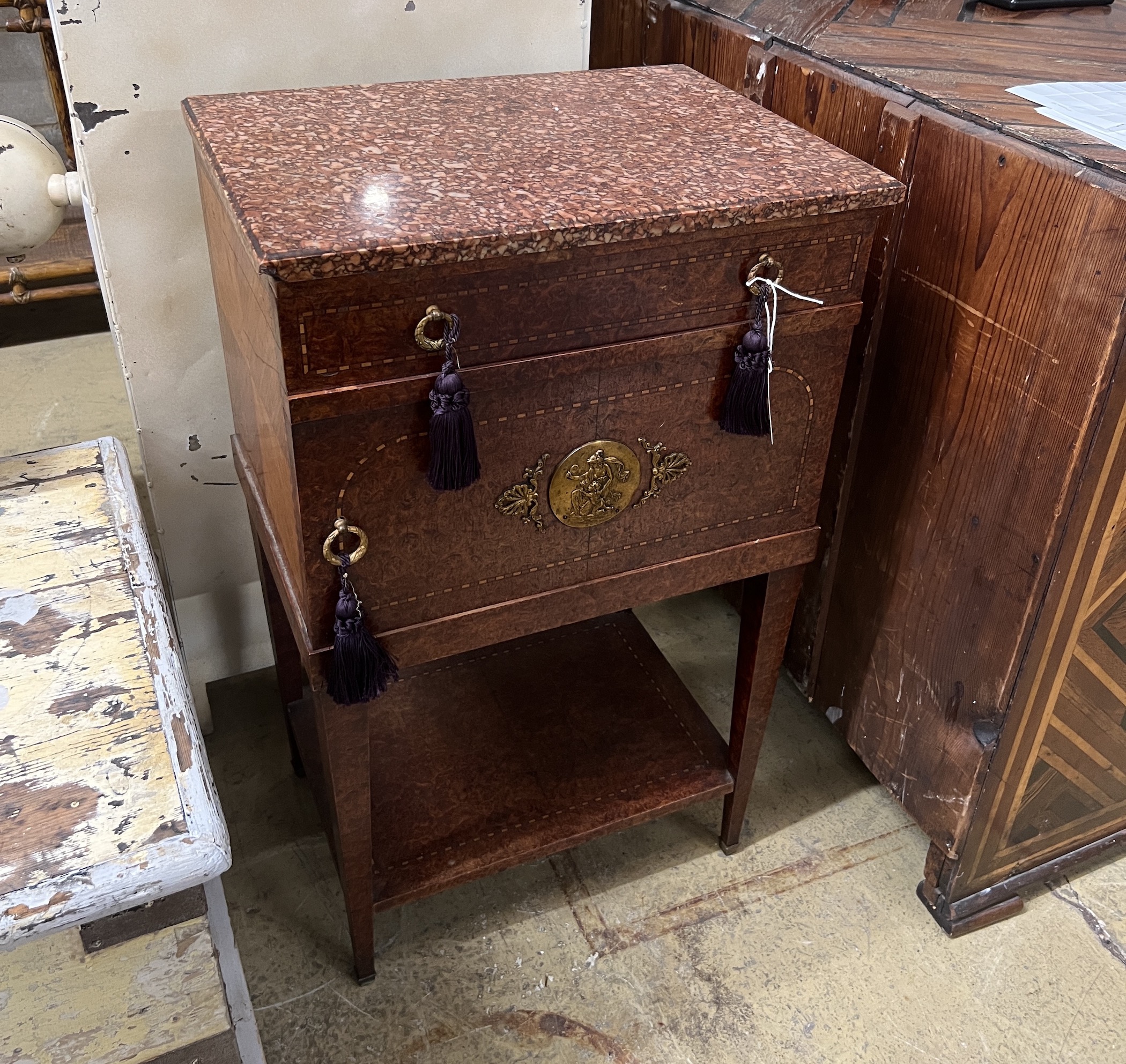 An early 20th century French marble topped bird's eye maple bedside cabinet, width 49cm, depth 36cm, height 82cm